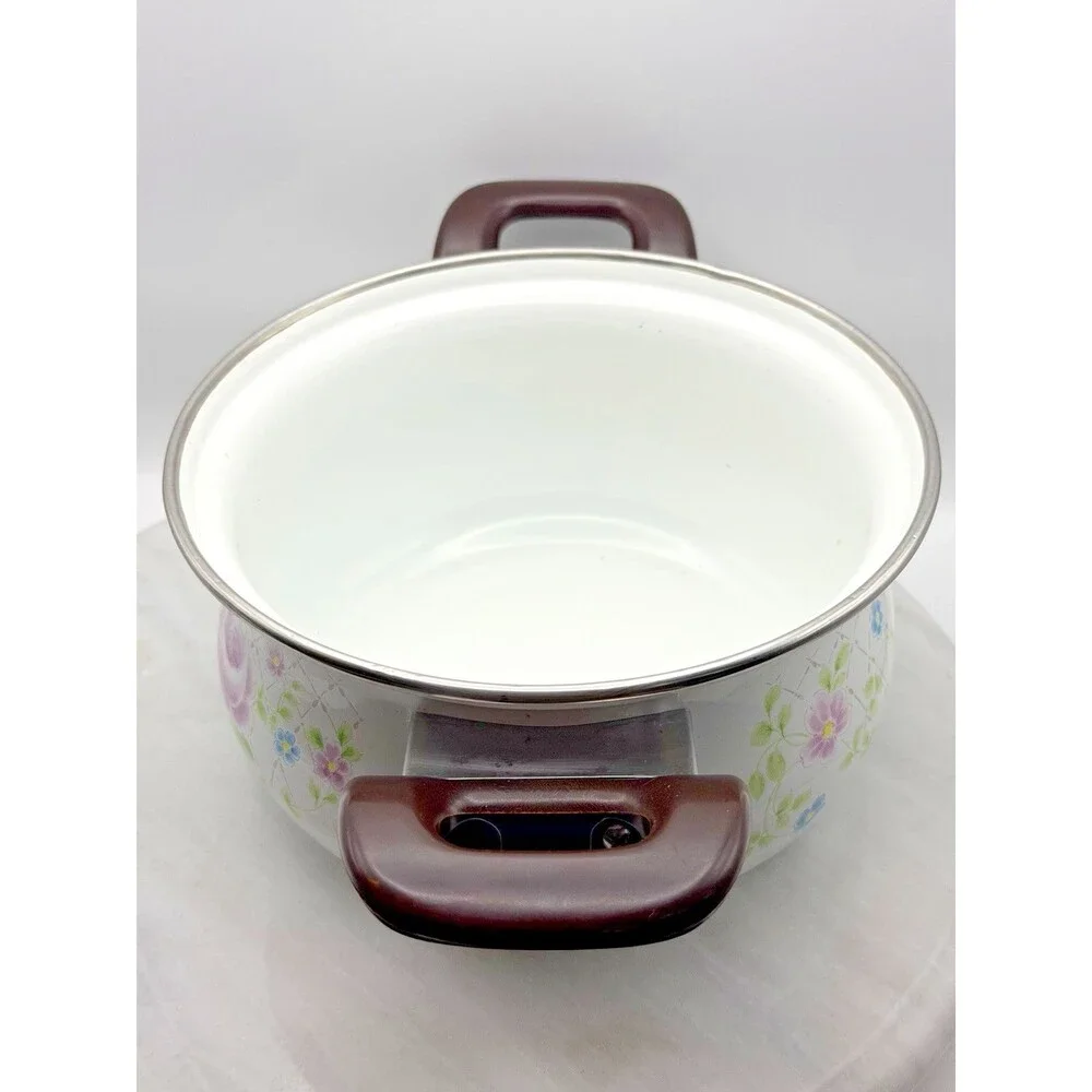 Vintage Sanko Ware Enamel Casserole Saucepan Pink Rose Floral Japan 7.5